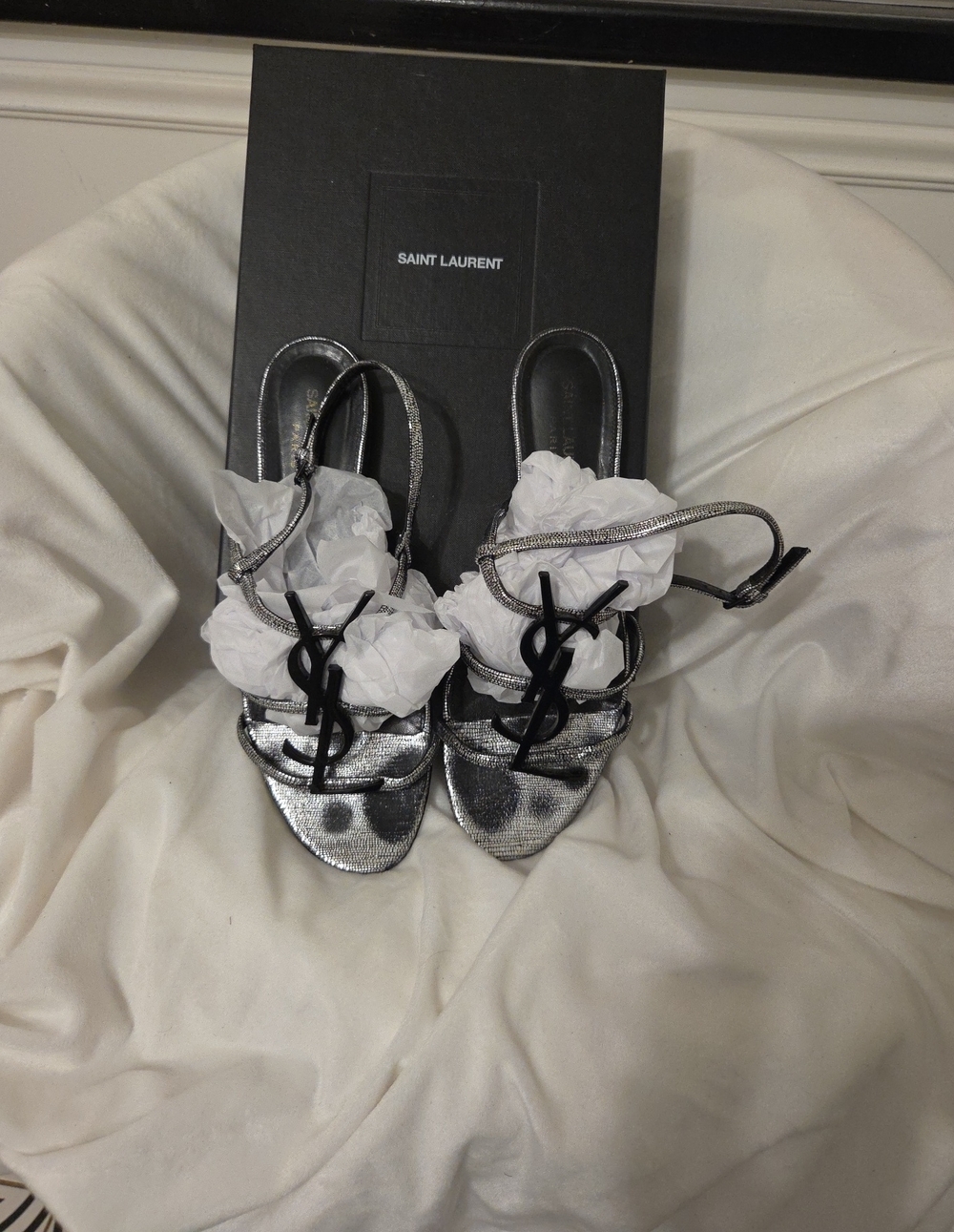 Saint Laurent Metallic Silver YSL Logo Slingback Sandals